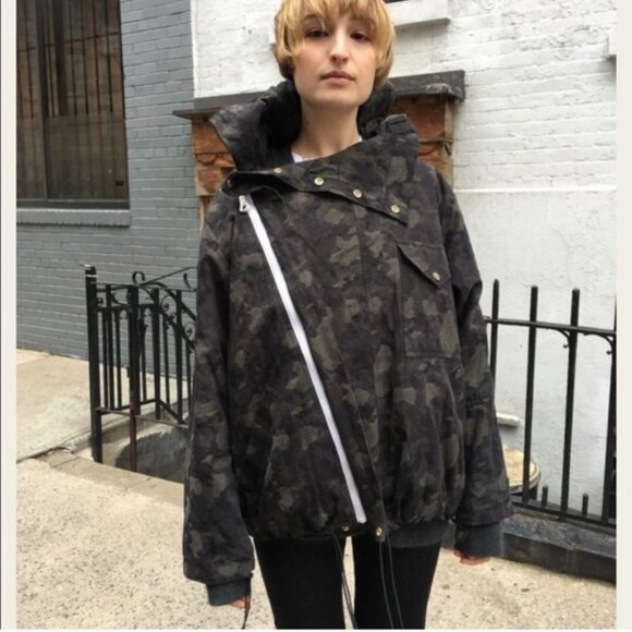 Smythe Camo Jacket Coat Asymmetric Zip Up Hooded Oversized Green womens XS